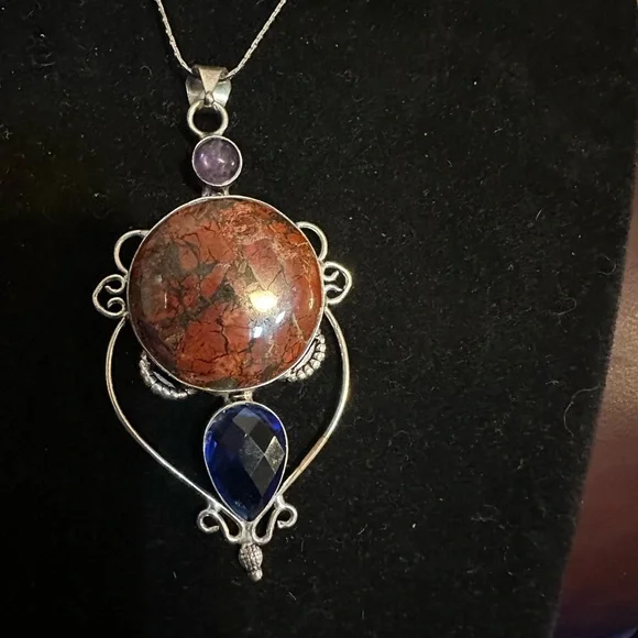 Red Jasper & Amethyst Pendant Necklace on Sterling Silver Chain